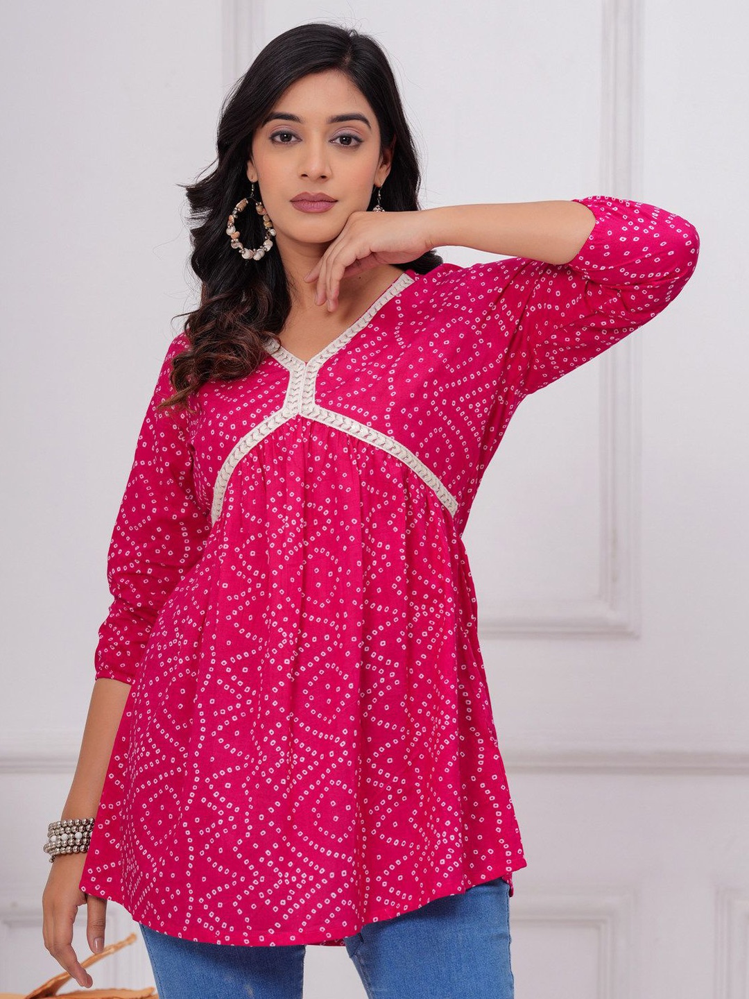 

SARAI CREATIONS Women Printed Three-Quarter Sleeves V-Neck Tunic, Pink