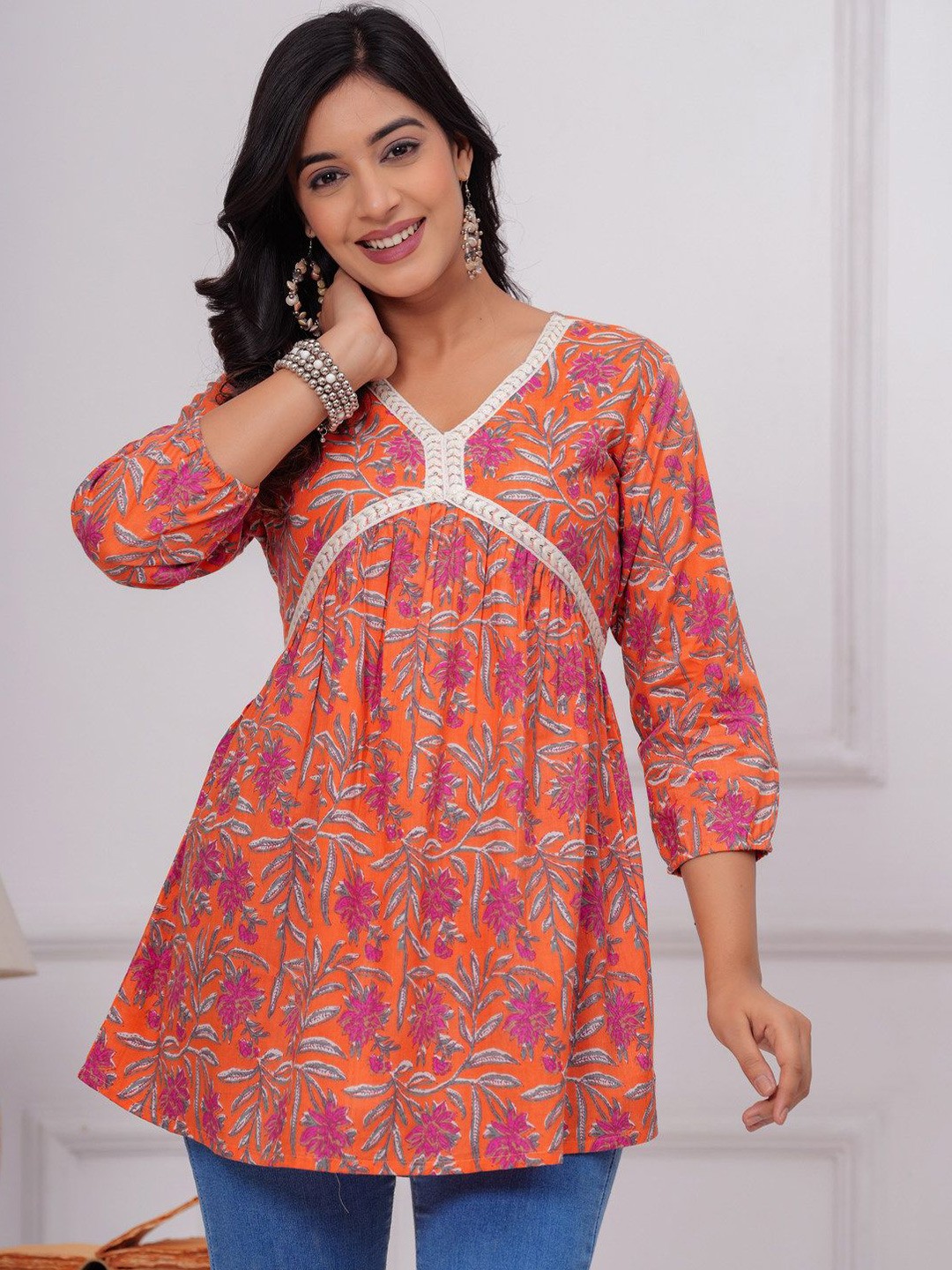 

SARAI CREATIONS Women Printed Three-Quarter Sleeves V-Neck Tunic, Orange