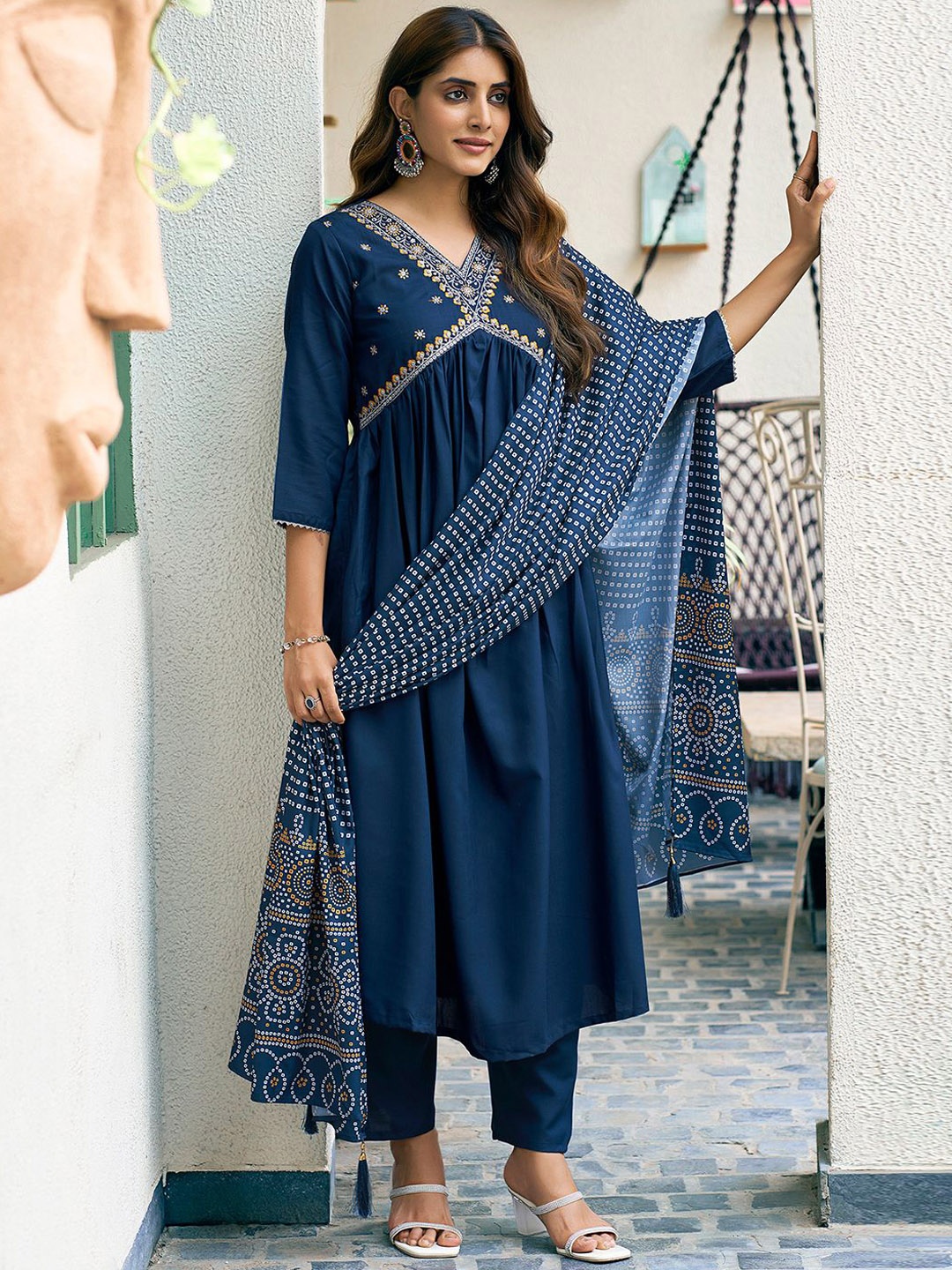 

SKYLEE Blue Ethnic Motifs Embroidered Angrakha Anarkali Kurta with Trousers & With Dupatta