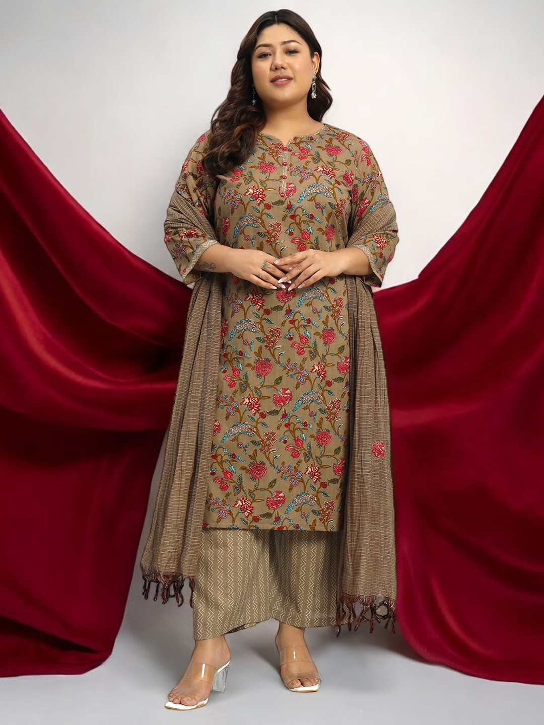 

Azira Plus Size Floral Printed Regular Pure Cotton Straight Kurta With Palazzos & Dupatta, Brown