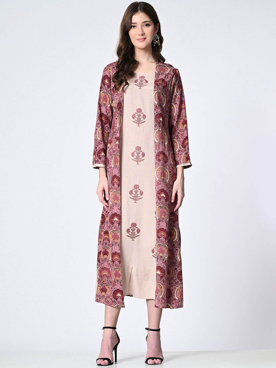 

Rue Collection Ethnic Motifs Embroidered Thread Work Cotton A-Line Kurta With Shrug, Pink