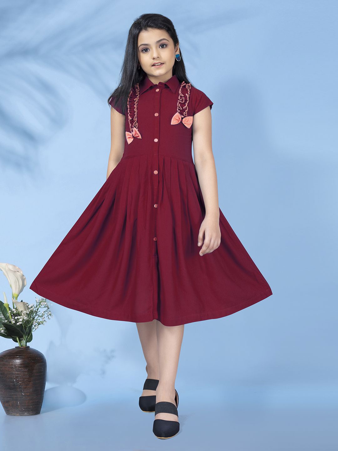 

FASHION DREAM Shirt Midi Fit and Flare Dress, Maroon