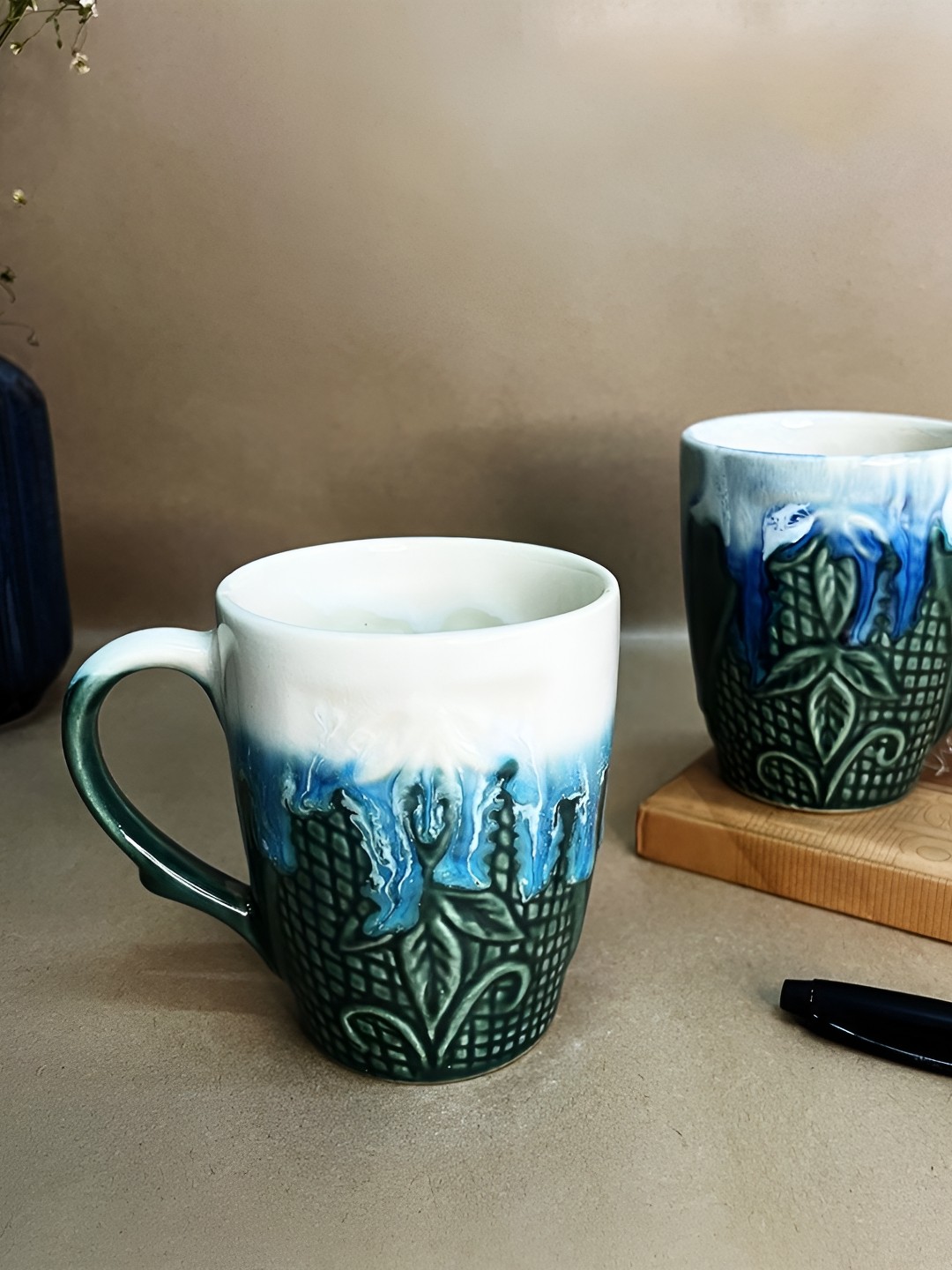 

The Artisan Emporium Blue & White 2 Pieces Printed Glossy Ceramic Mugs 350 ml Each
