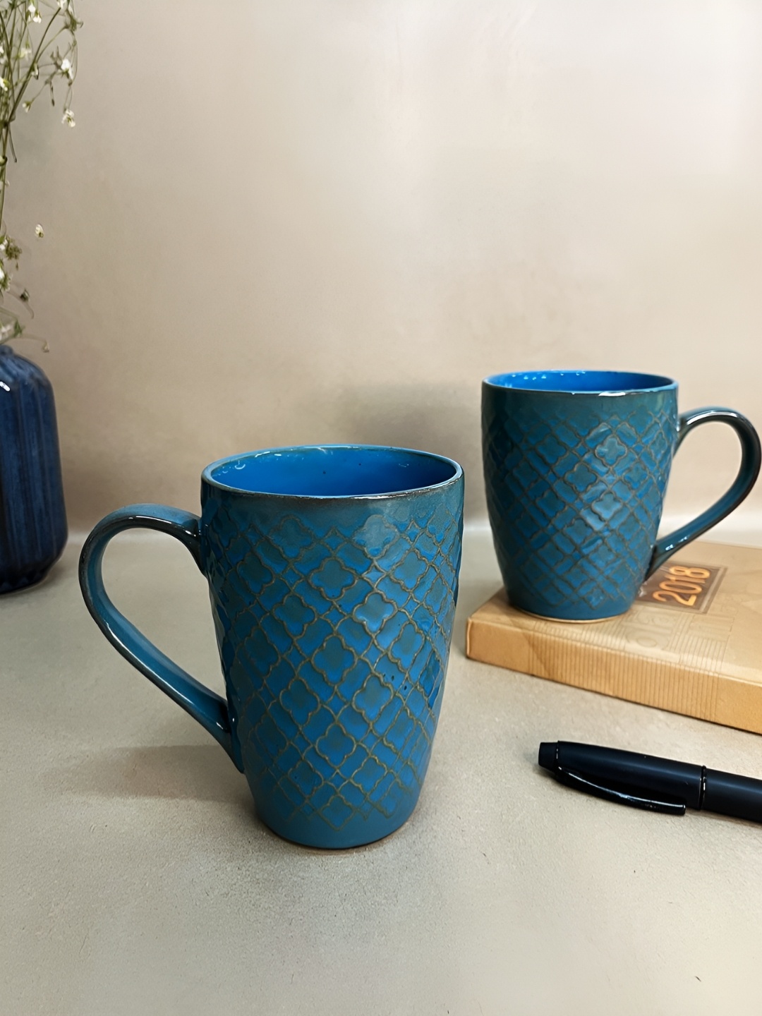 

The Artisan Emporium Green & Blue 2 Pieces Printed Glossy Ceramic Mugs 350 ml Each