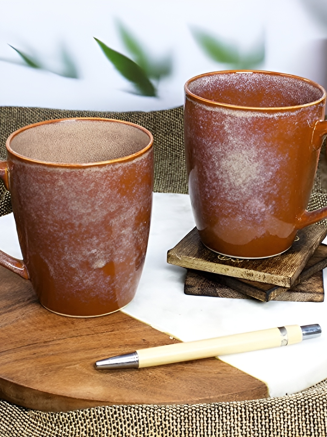 

The Artisan Emporium Brown & White 2 Pieces Printed Glossy Ceramic Mugs 350 ml Each