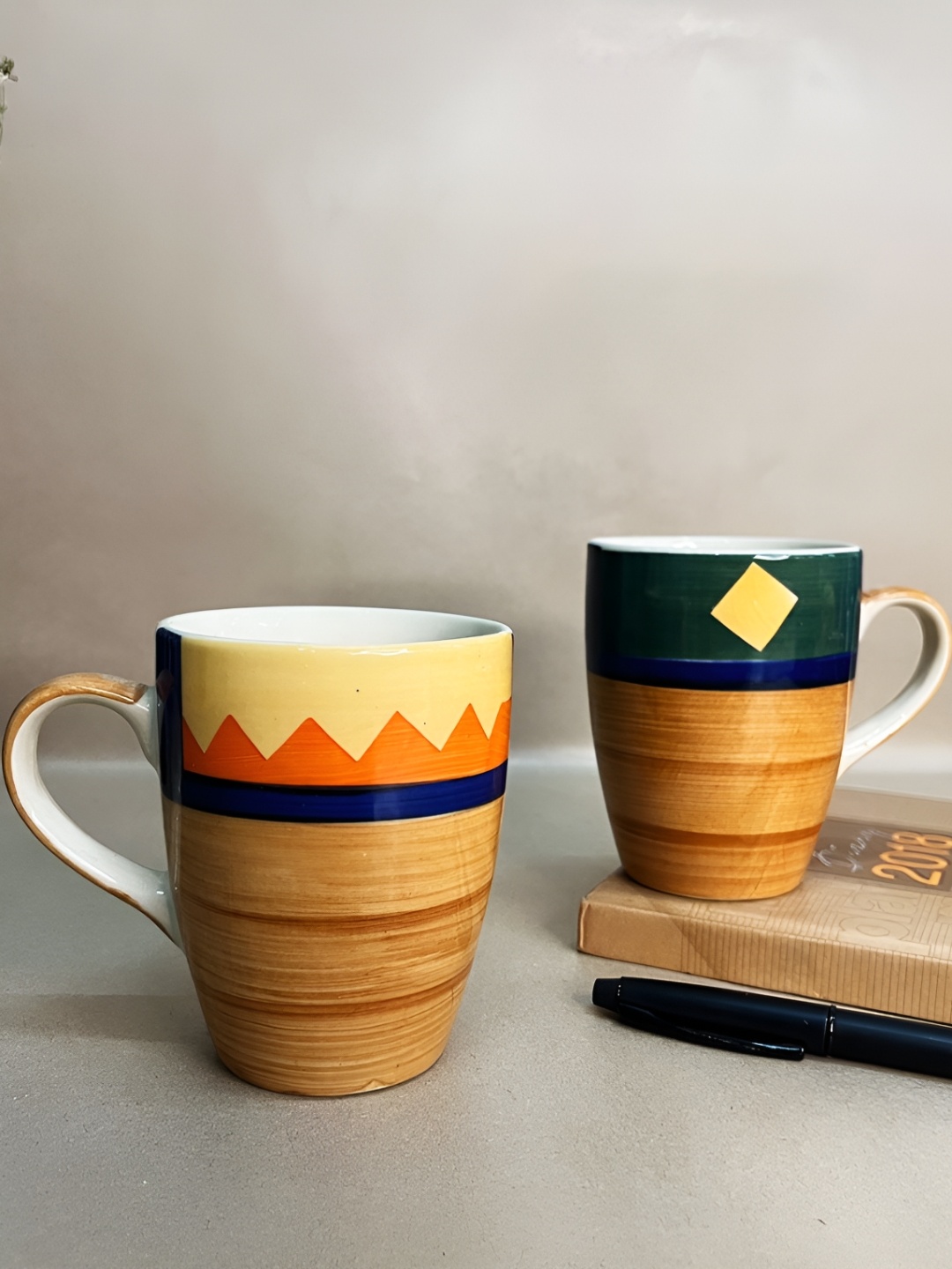 

The Artisan Emporium Green & Brown 2 Pieces Printed Glossy Ceramic Mugs 350 ml Each