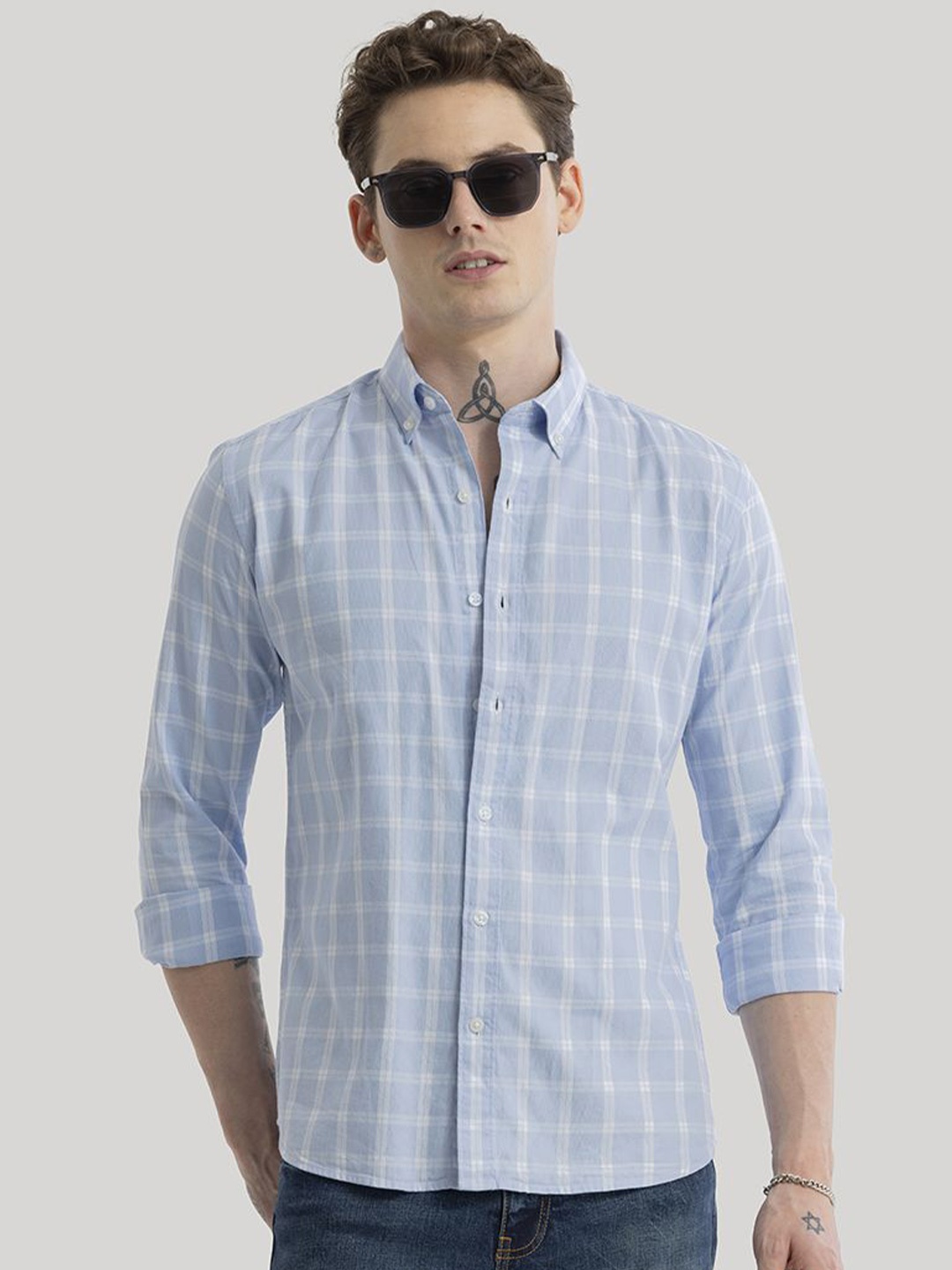 

Snitch Men Smart Slim Fit Tartan Checks Button-Down Collar Pure Cotton Casual Shirt, Blue