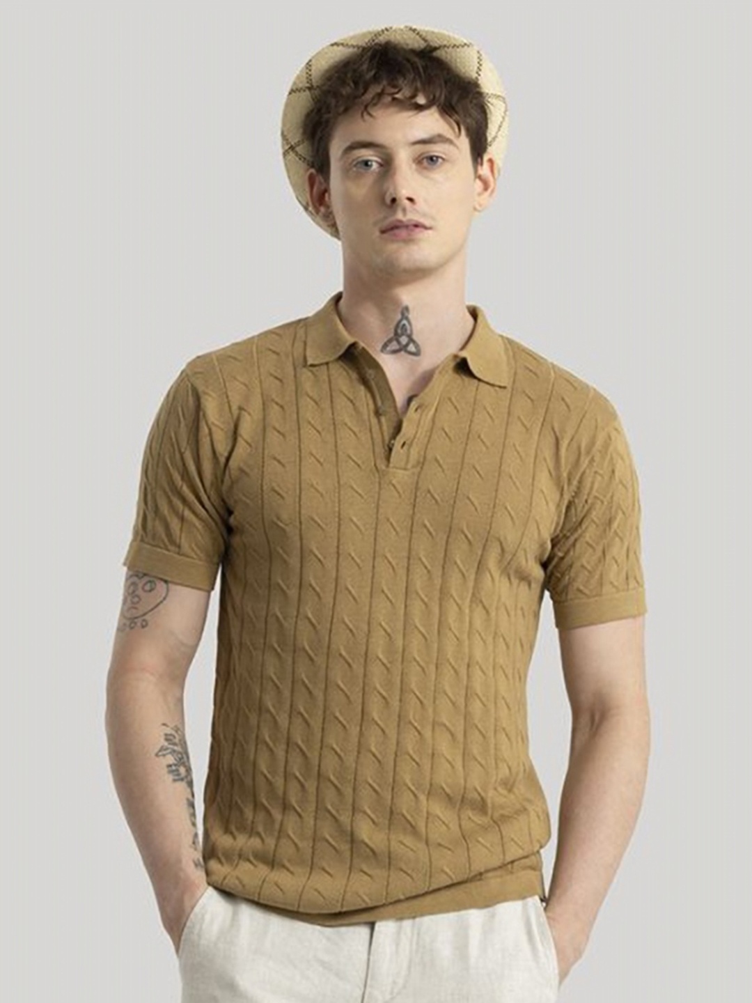 

Snitch Men Striped Polo Collar Slim Fit T-shirt, Brown