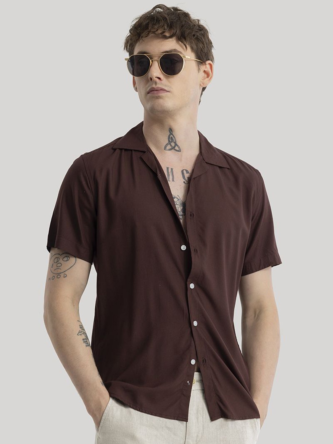 

Snitch Men Solid Smart Slim Fit Cuban Collar Casual Shirt, Brown