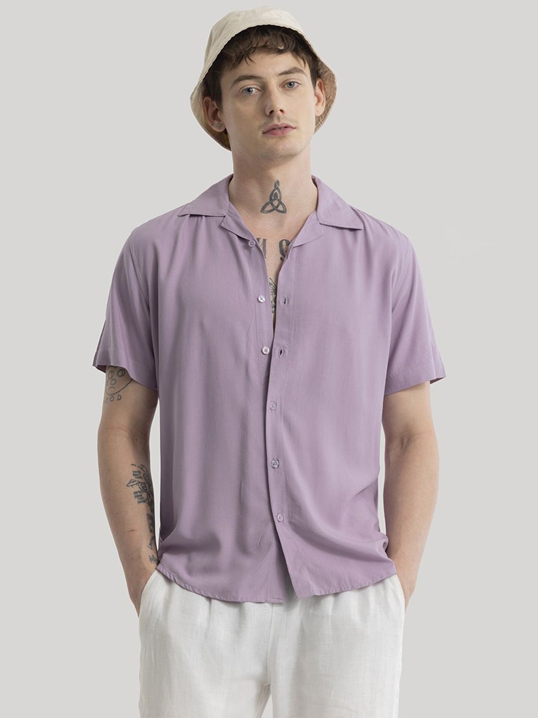 

Snitch Men Solid Smart Slim Fit Cuban Collar Casual Shirt, Lavender