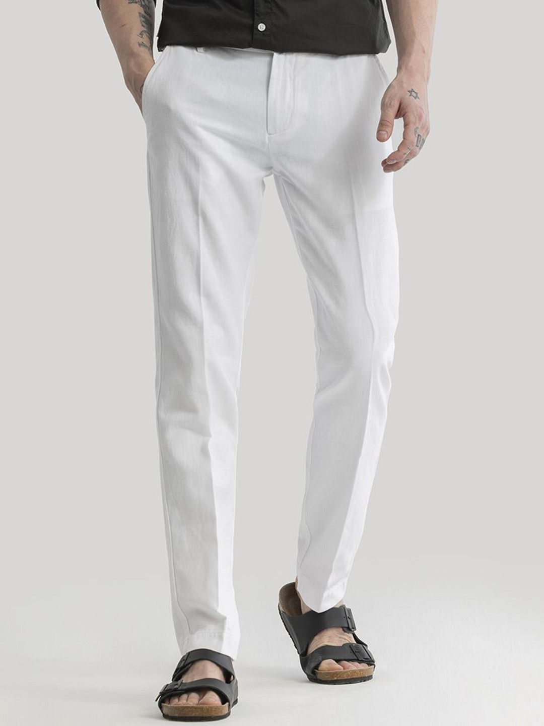 

Snitch Men Smart Slim Fit Linen Trousers, White