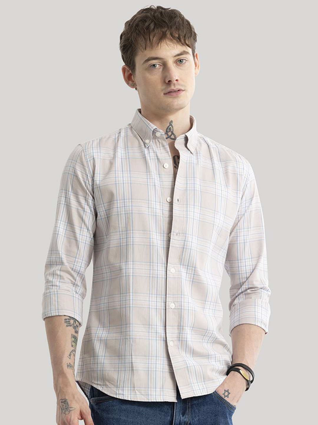 

Snitch Men Smart Slim Fit Tartan Checks Button-Down Collar Pure Cotton Casual Shirt, Cream