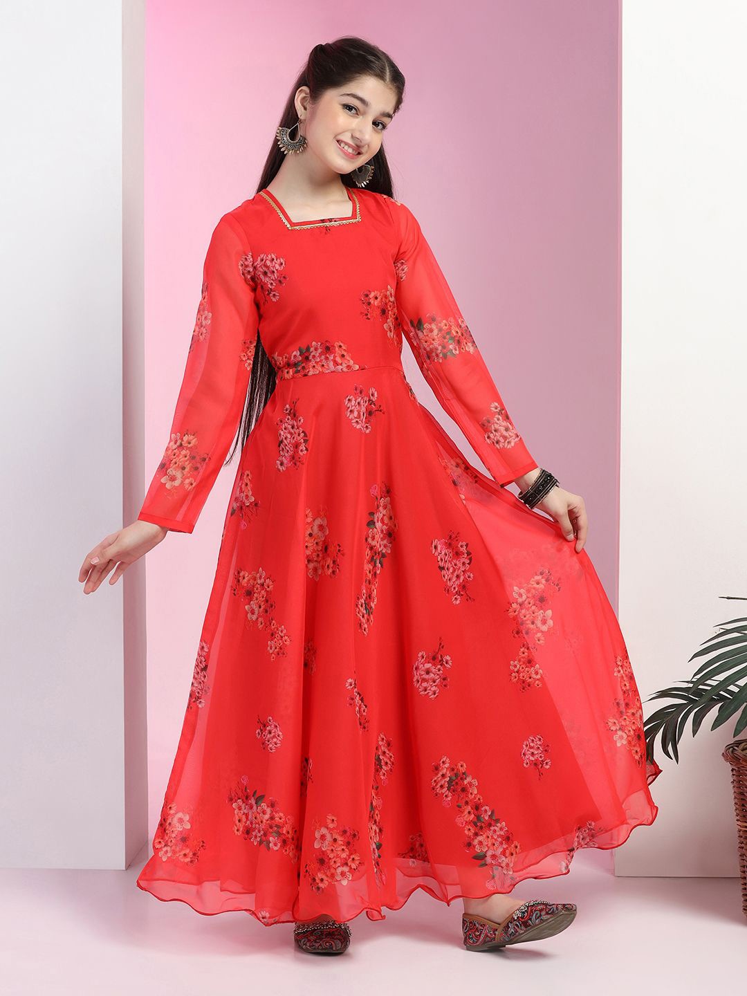 

FASHION DREAM Floral Print Fit & Flare Ethnic Maxi Dress, Red