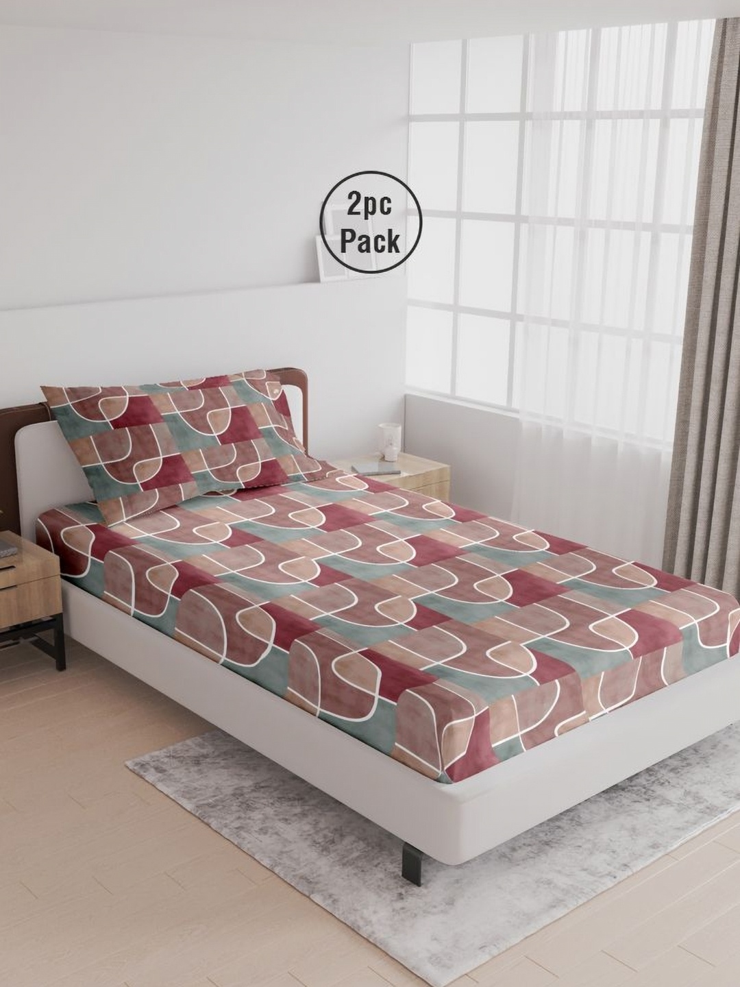 

LABHAM Maroon & White 180 TC 2 Single Bedsheet with 2 Pillow Covers