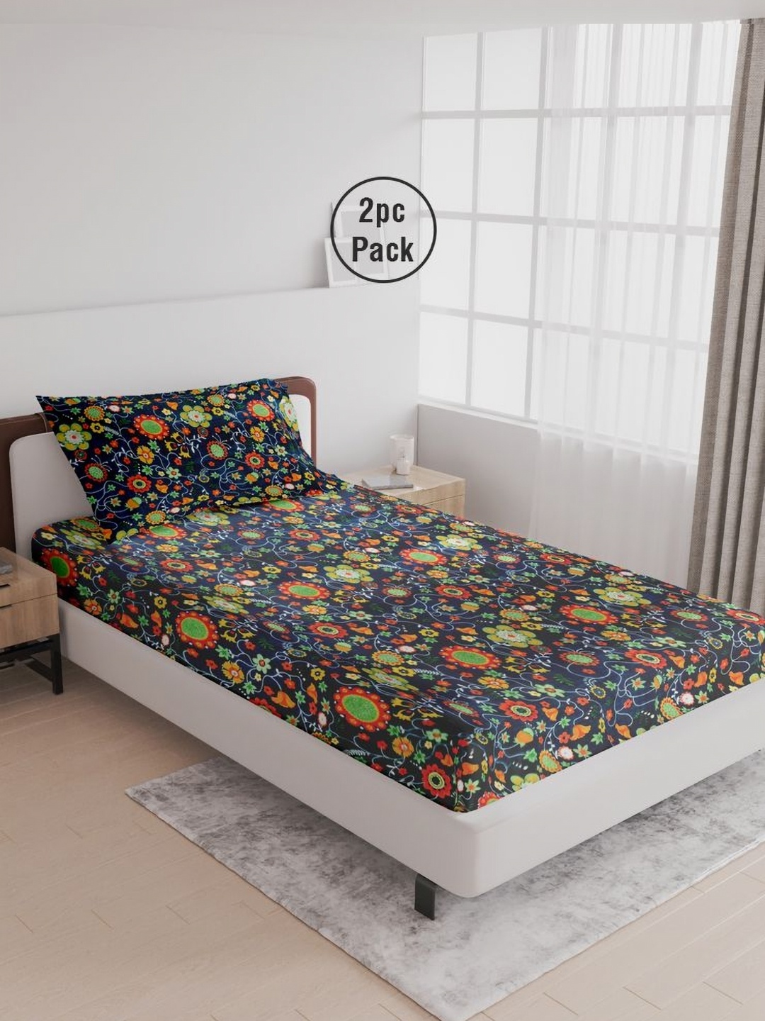 

LABHAM Green & Blue Floral 180 TC 2 Single Bedsheet with 2 Pillow Covers