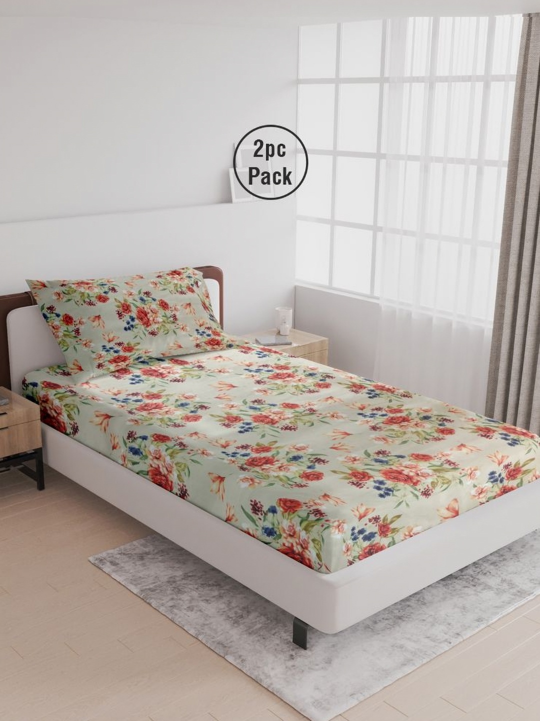 

LABHAM Beige & Brown Floral 180 TC 2 Single Bedsheet with 2 Pillow Covers