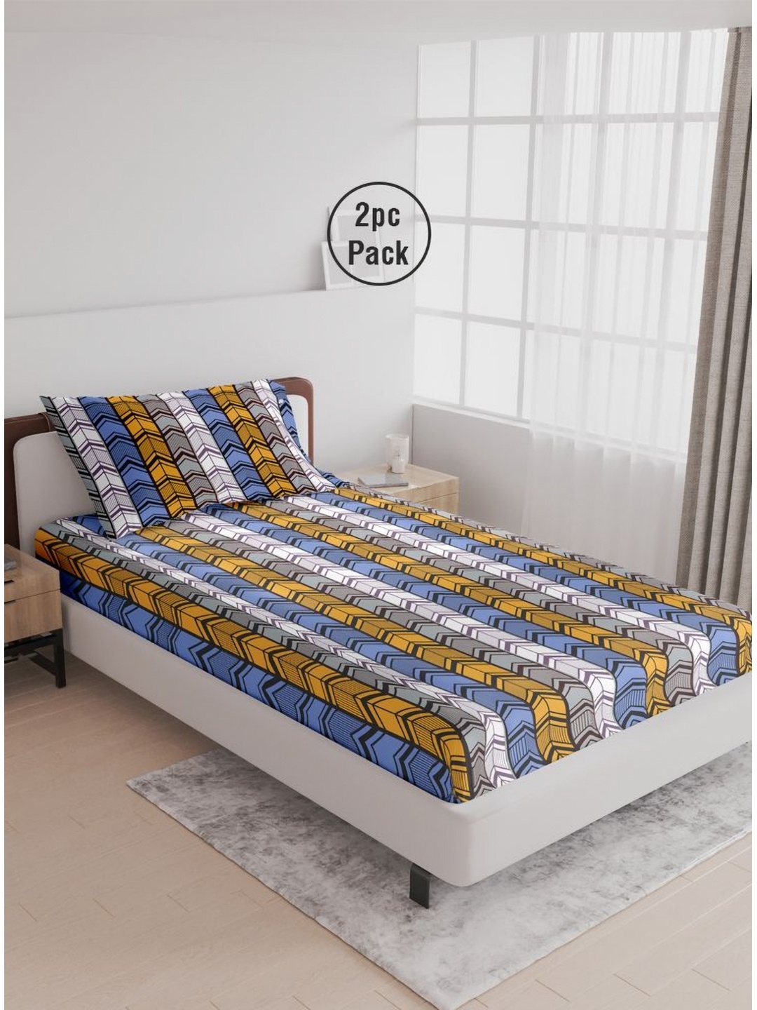 

LABHAM Blue & Yellow 180 TC 2 Single Bedsheet with 2 Pillow Covers