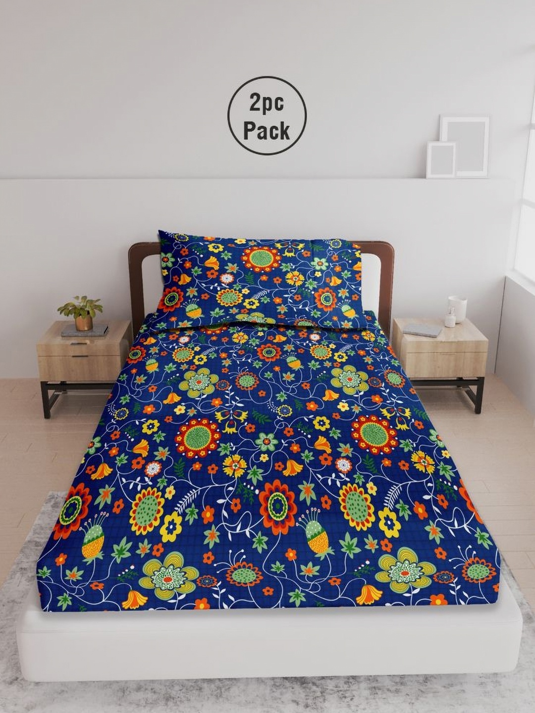 

LABHAM Navy Blue & Green 180 TC 2 Single Bedsheet with 2 Pillow Covers