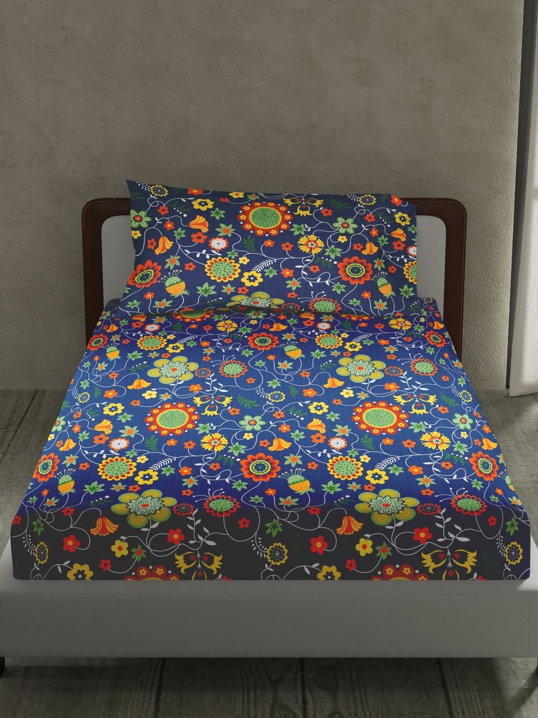 

LABHAM Navy Blue & Green 180 TC Single Bedsheet with 1 Pillow Covers