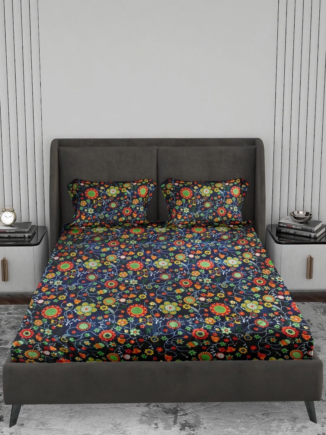 

LABHAM Blue & Red Floral 180 TC King Bedsheet with 2 Pillow Covers