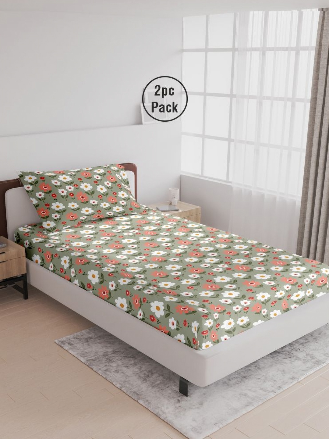 

LABHAM Grey & White Floral 180 TC 2 Single Bedsheet with 2 Pillow Covers