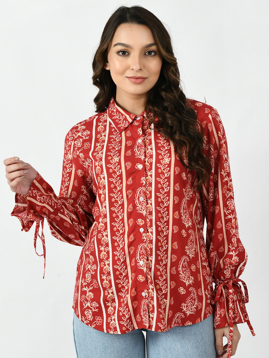 

Sini Lifestyle Women Ethnic Motifs Printed Opaque Casual Shirt, Red