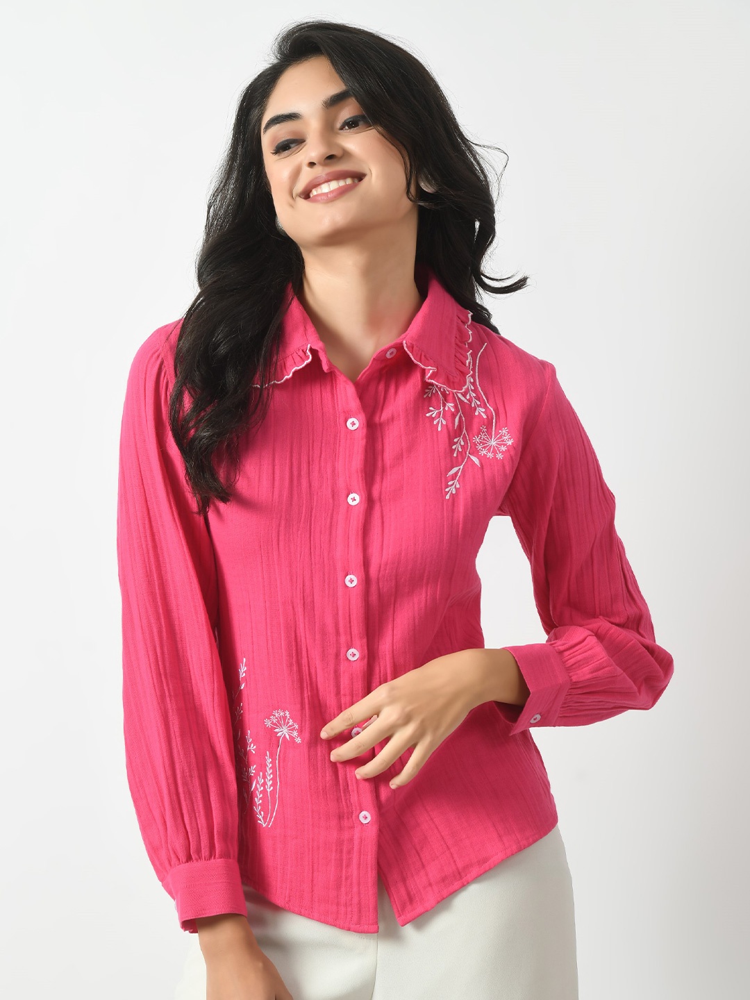 

Sini Lifestyle Women Embroidered Opaque Casual Shirt, Pink