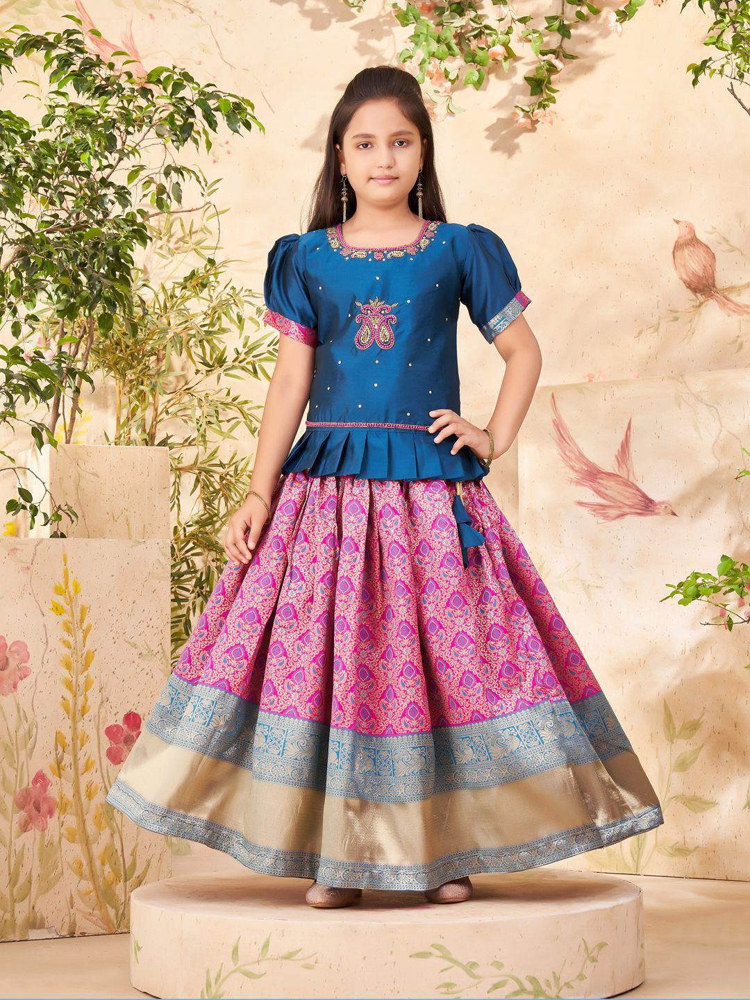 

Aarika Girls Embroidered Ready to Wear Lehenga & Blouse, Turquoise blue