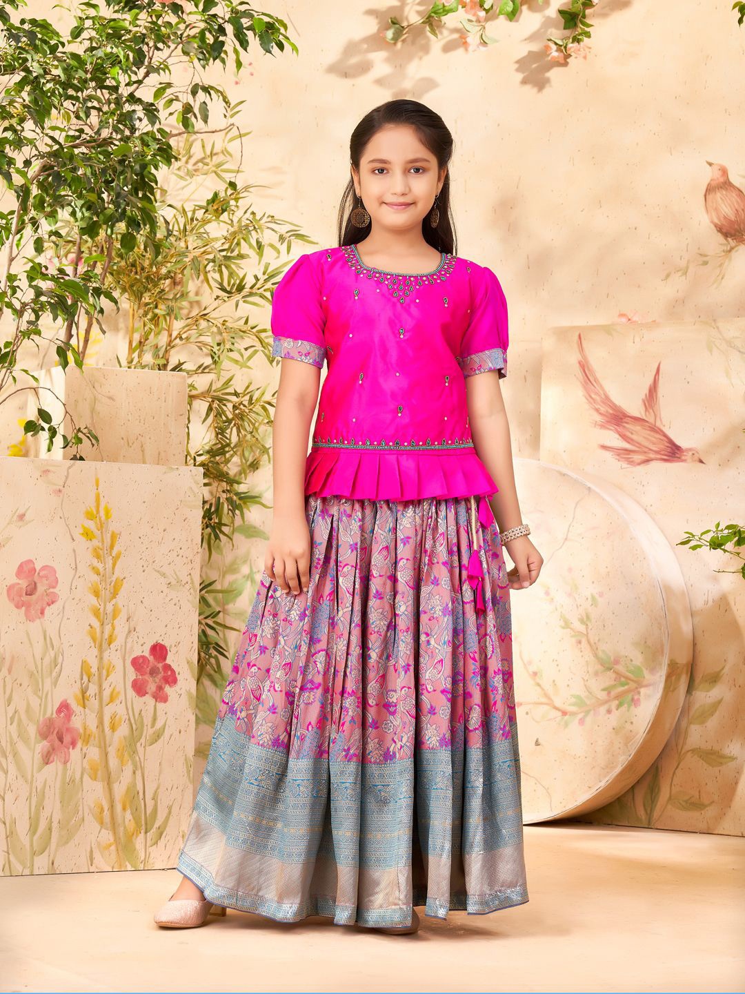 

Aarika Girls Embroidered Ready to Wear Lehenga & Blouse, Pink