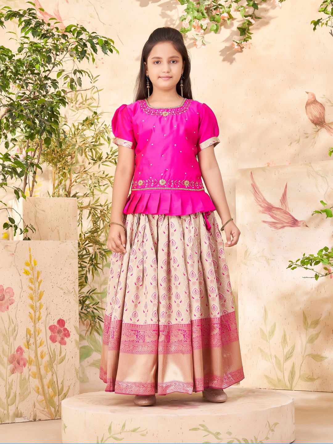 

Aarika Girls Embroidered Beads and Stones Ready to Wear Lehenga & Blouse, Pink