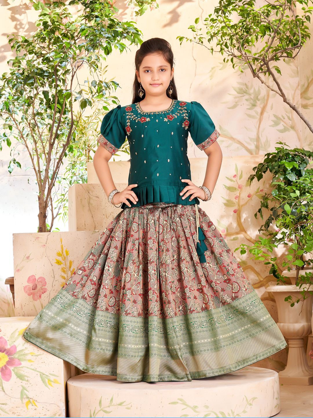 

Aarika Girls Embroidered Beads and Stones Ready to Wear Lehenga & Blouse, Green