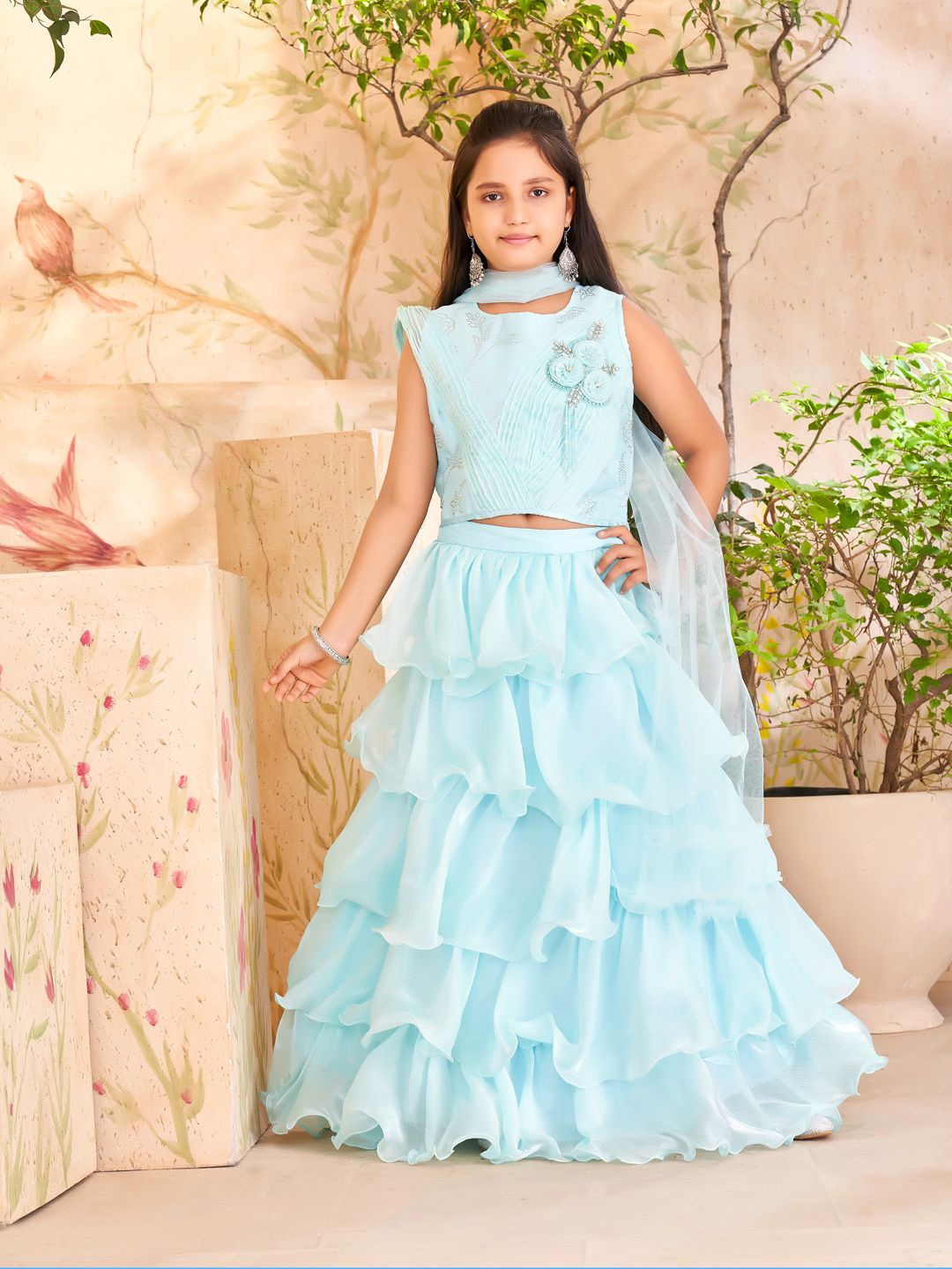 

Aarika Girls Embellished Sequinned Ready to Wear Lehenga & Blouse With Dupatta, Turquoise blue