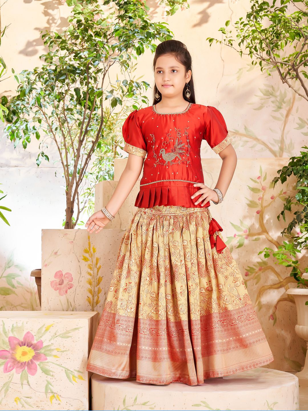 

Aarika Girls Embroidered Beads and Stones Ready to Wear Lehenga & Blouse, Maroon