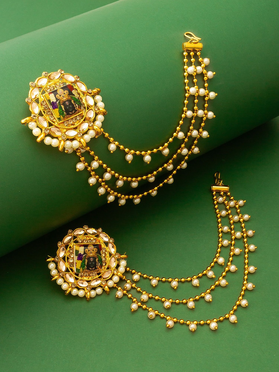 

aadita Gold-Plated Stone-Studded & Beaded Circular Studs Earrings With Hair Chain