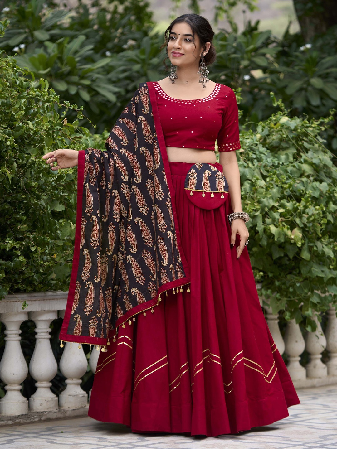 

LOOKNBOOK ART Embroidered Mirror Work Cotton Ready to Wear Lehenga Choli, Maroon