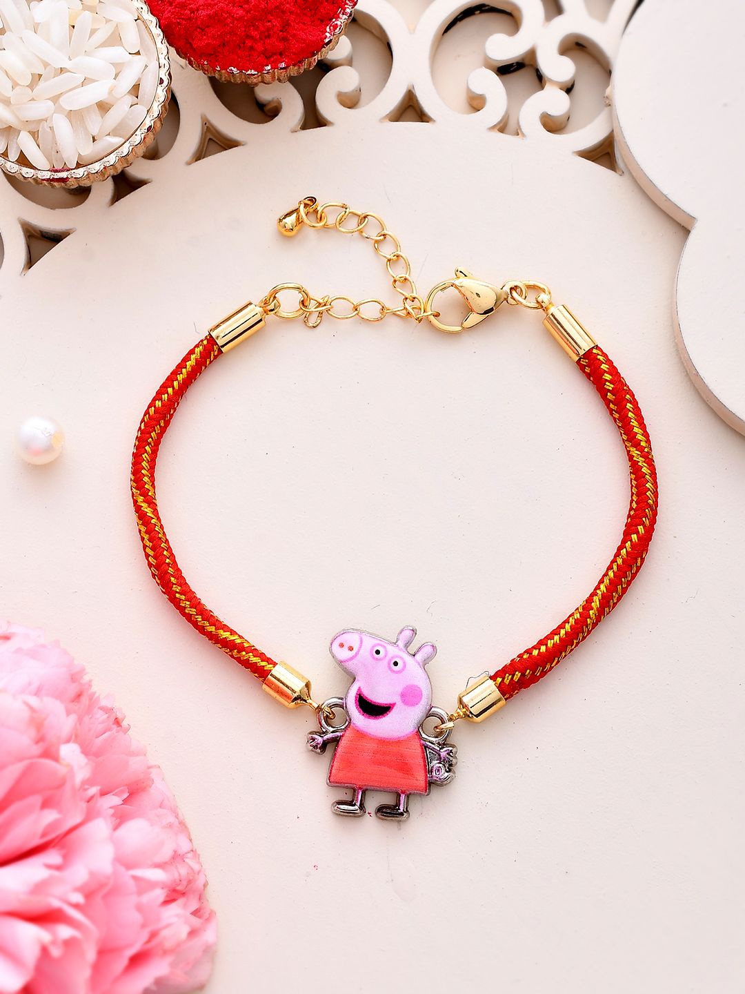 

Aapno Rajasthan Kids Peppa Pig Wraparound Rakhi With Roli Chawal & Greeting Card, Pink