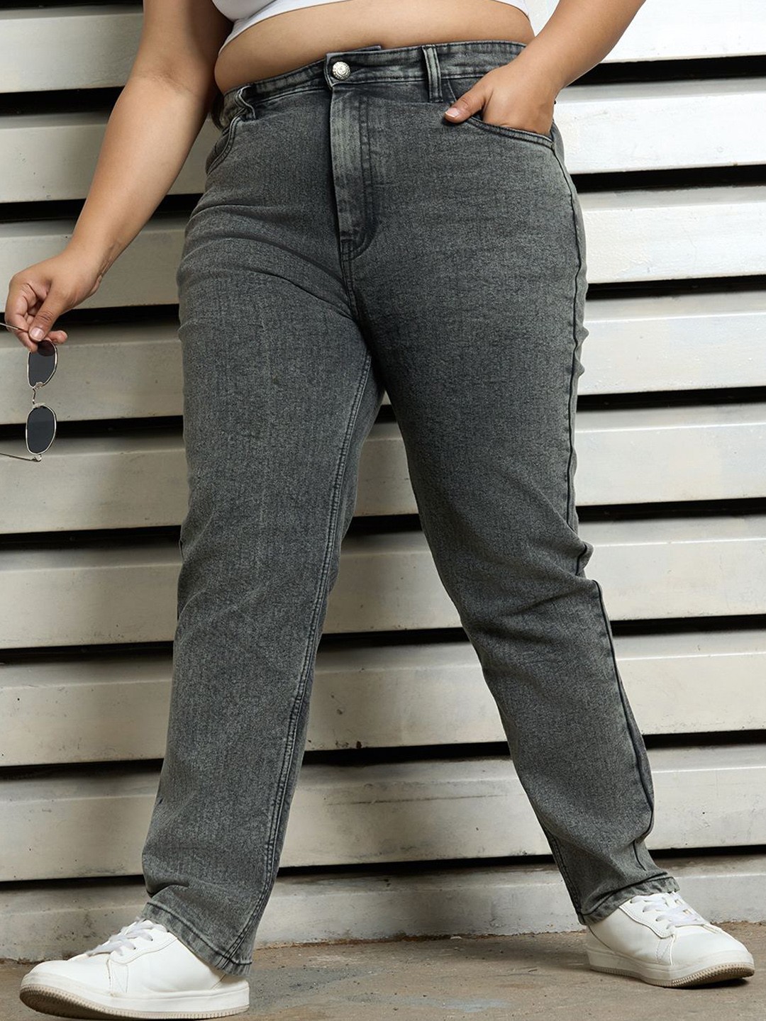 

Freeform by High Star Plus Size Women Straight Fit High-Rise Stretchable Jeans, Grey