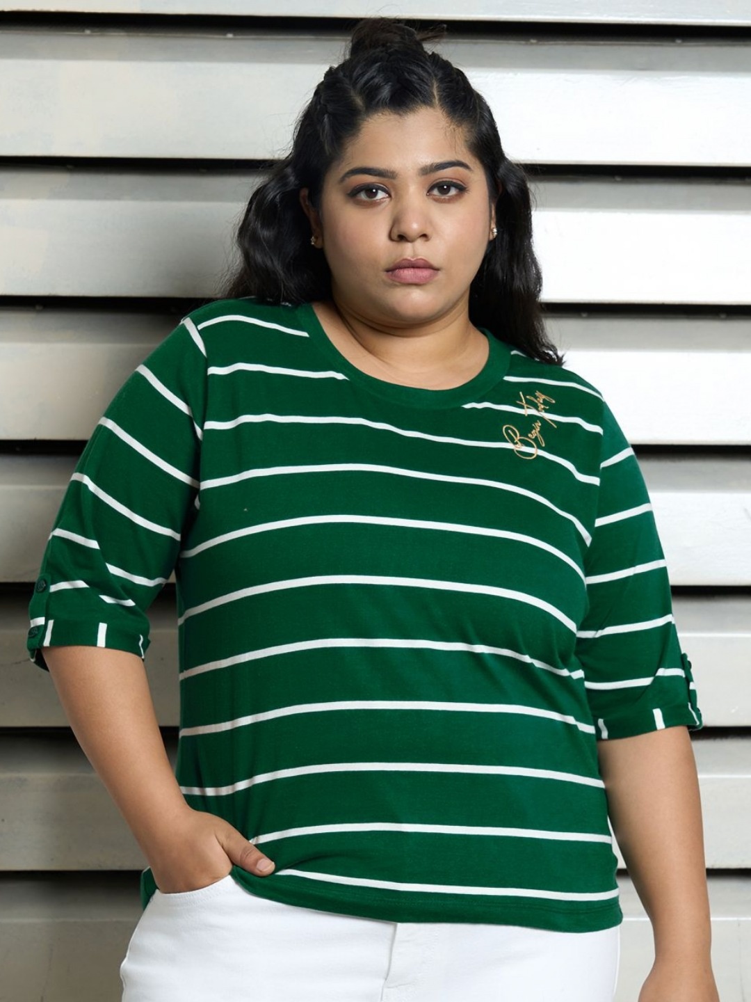 

Freeform by High Star Women Striped Round Neck Cotton T-shirt, Green