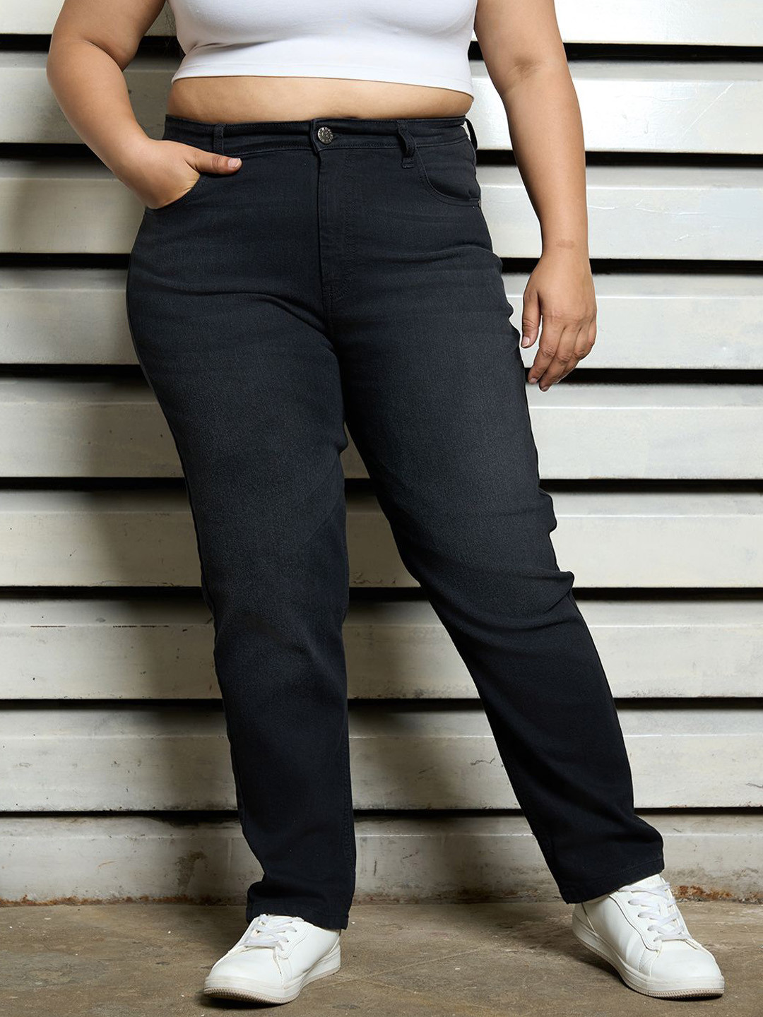 

Freeform by High Star Plus Size Women Straight Fit Light Fade Stretchable Jeans, Black