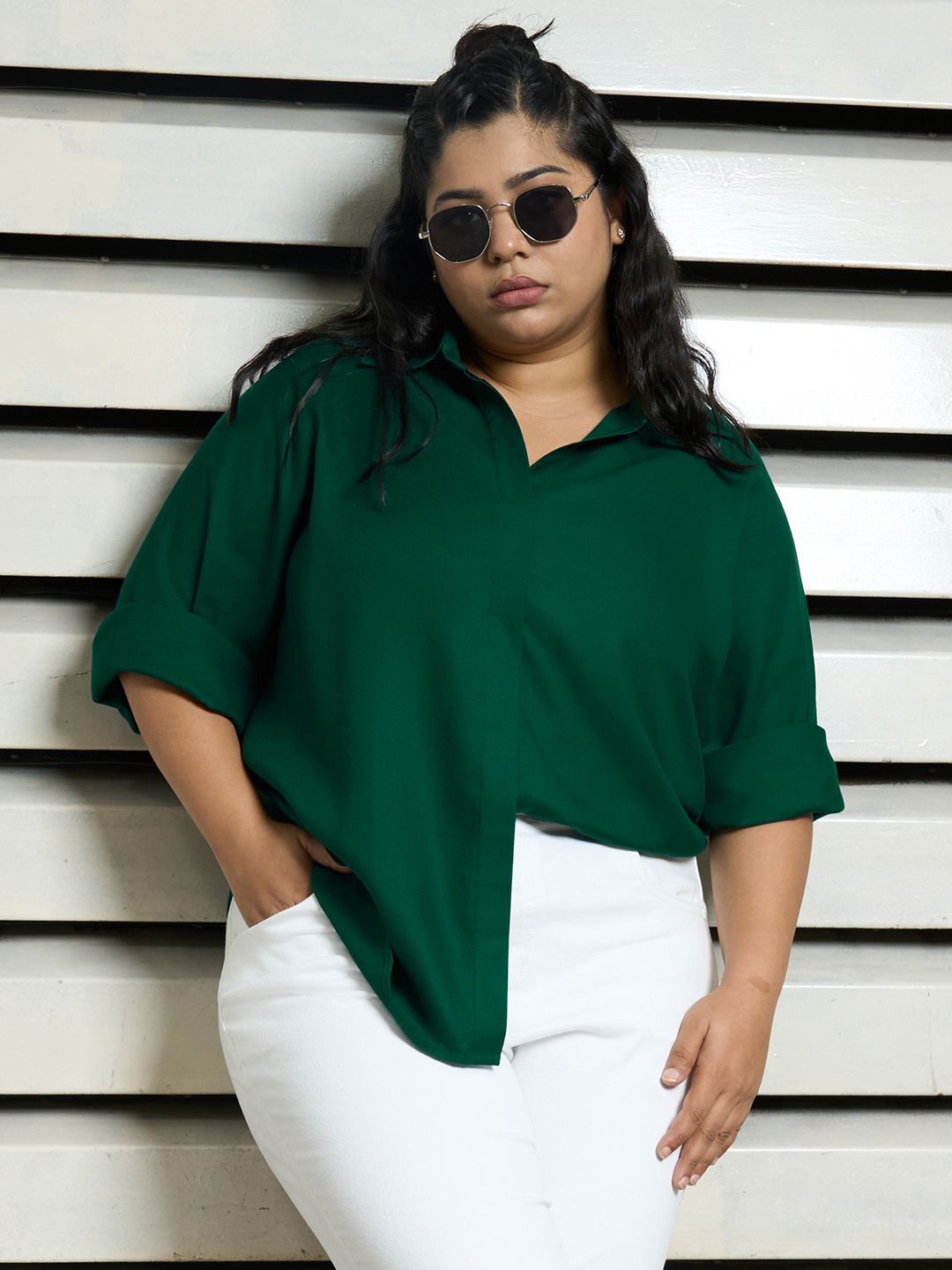 

Freeform by High Star Plus Size Women Standard boxy fit Casual Shirt, Green