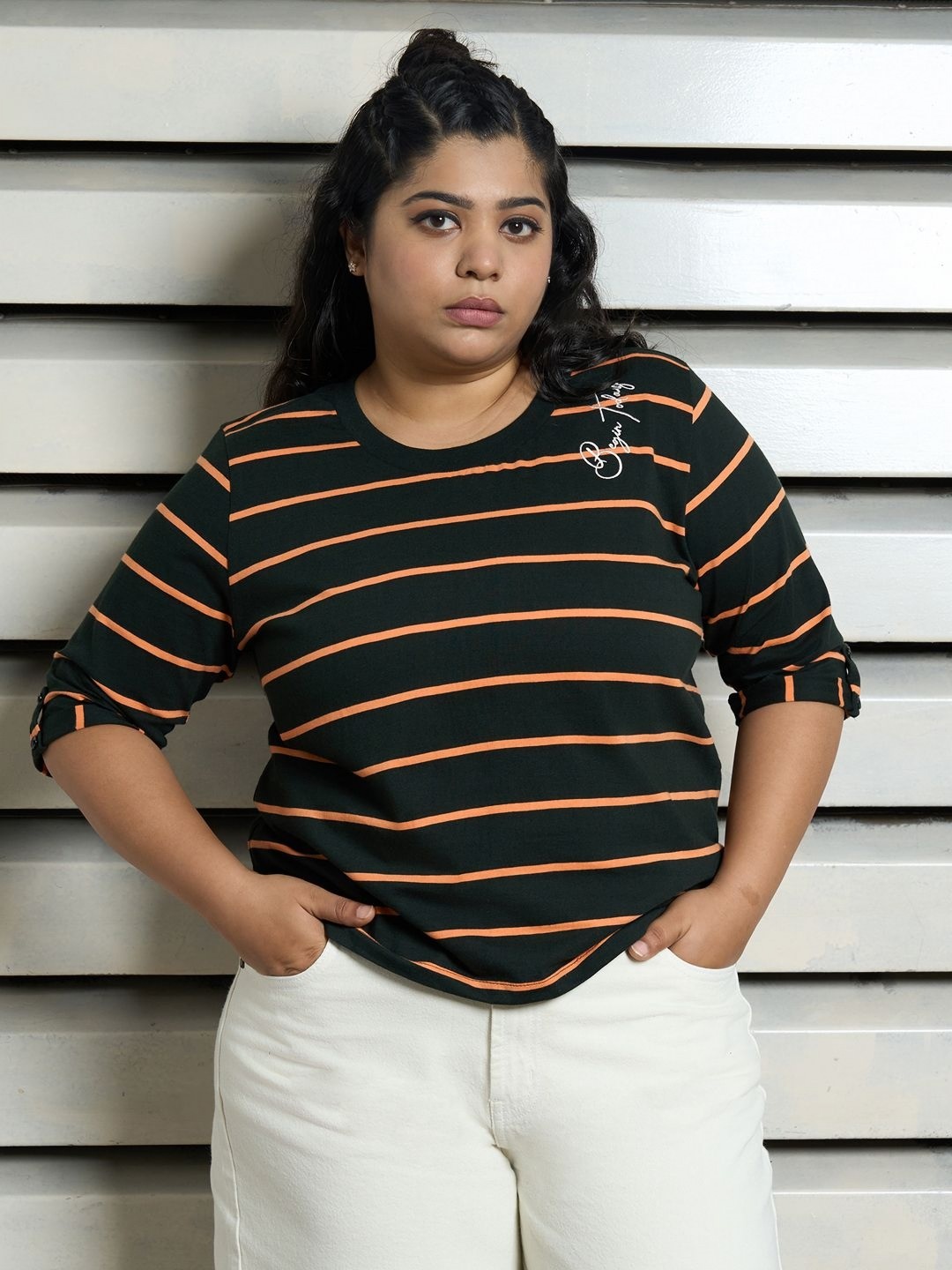 

Freeform by High Star Women Striped Round Neck Cotton T-shirt, Black