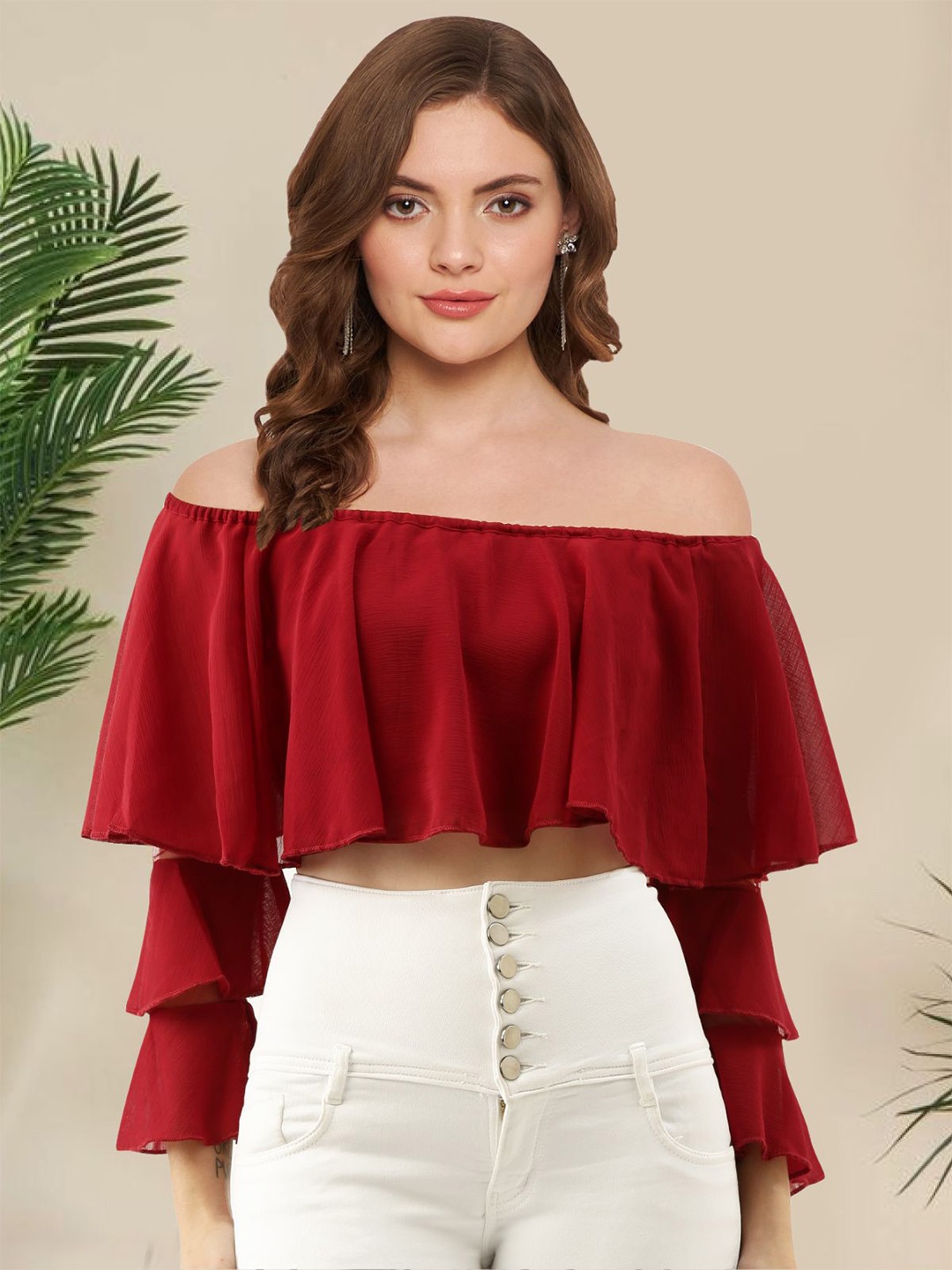 

Martini Off-Shoulder Flared Sleeve Layered Chiffon Bardot Crop Top, Maroon