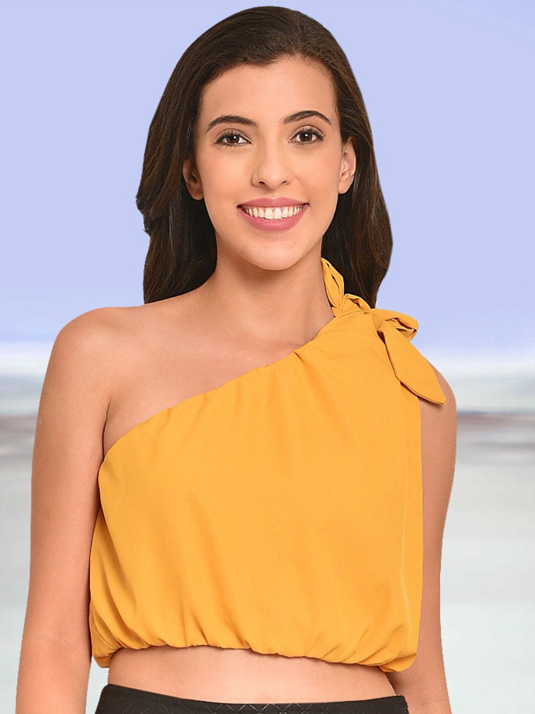 

Martini One Shoulder Crepe Blouson Crop Top, Mustard