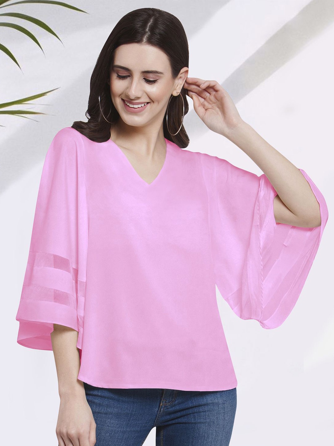 

Martini Flared Sleeve Sheer Crepe Top, Pink