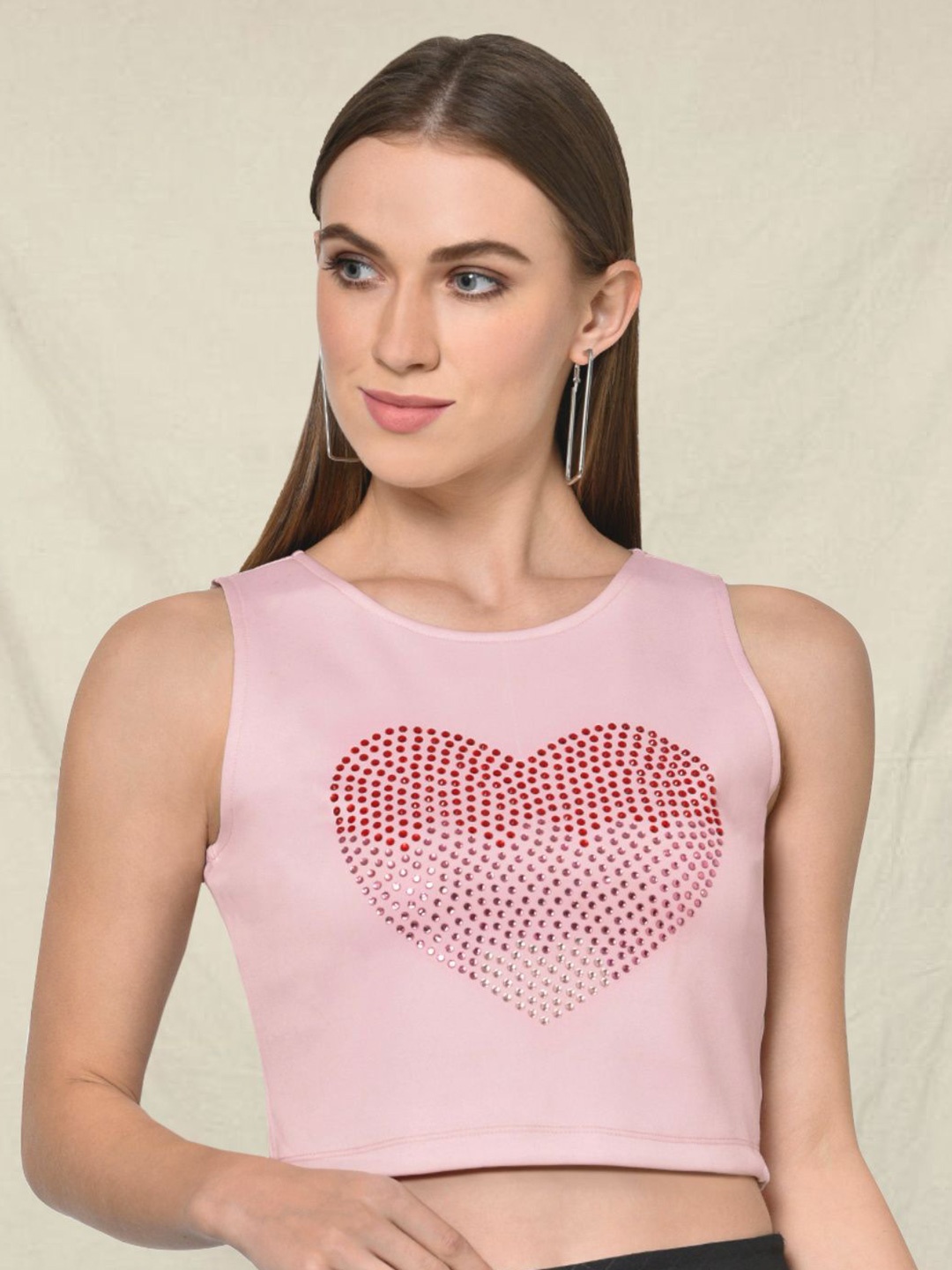 

Martini Print Embellished Studded Crop Top, Pink