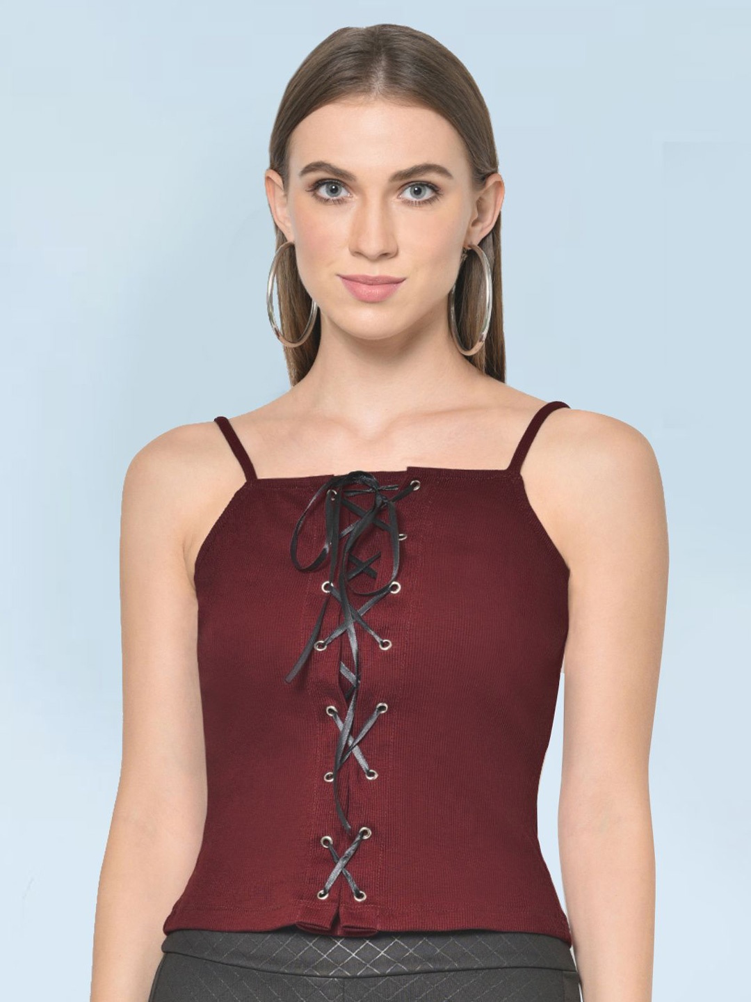 

Martini Lace-up Shoulder Straps Cotton Top, Maroon