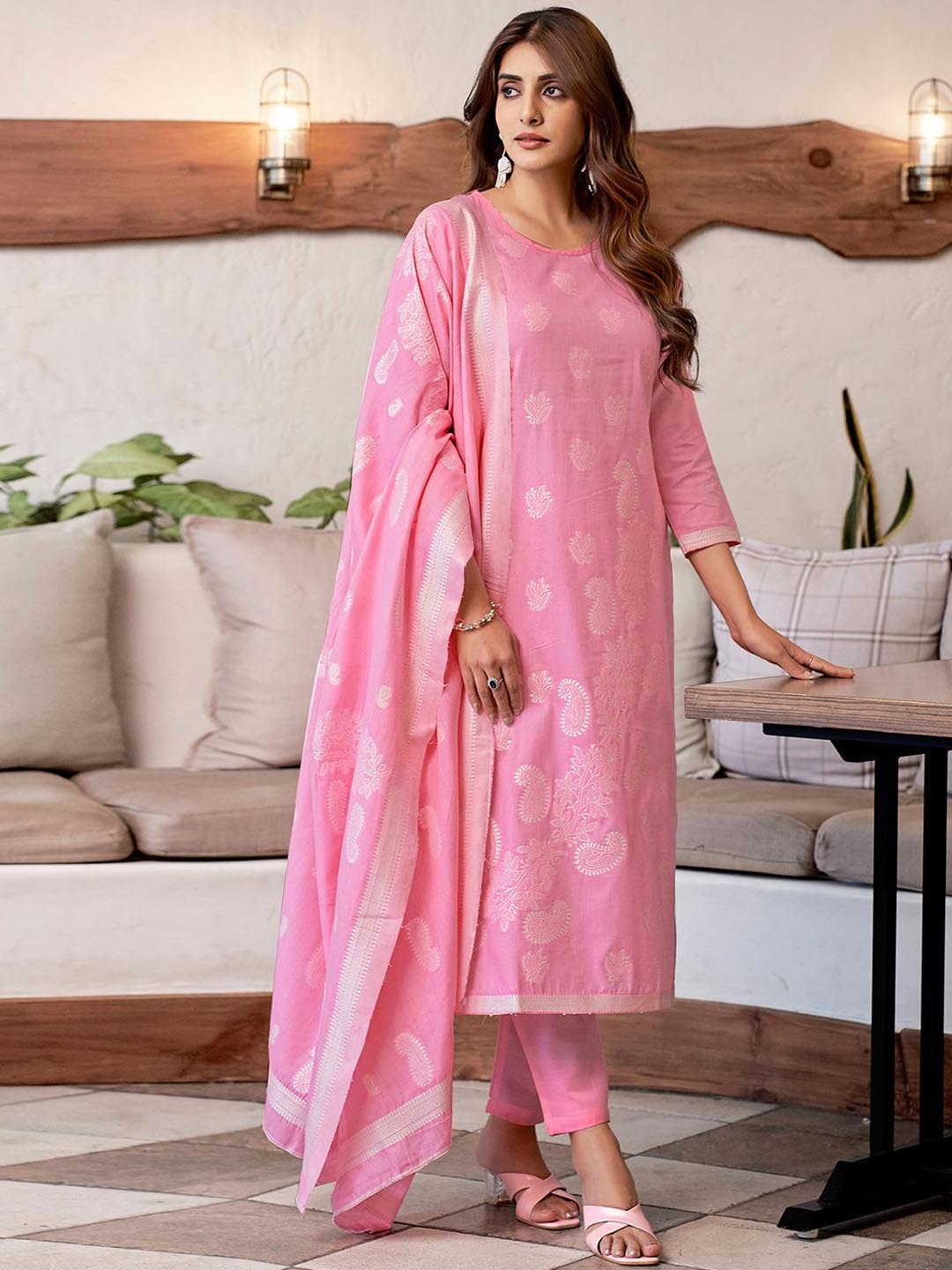 

SKYLEE Pink Regular Straight Kurta with Trousers & With Dupatta