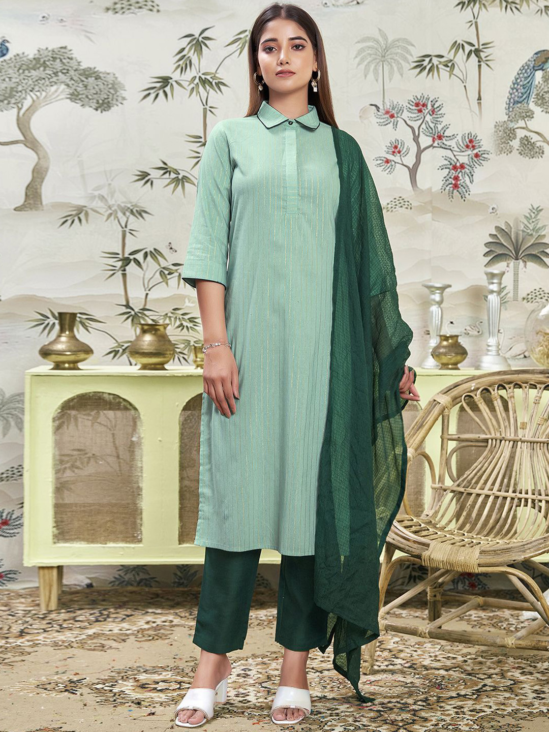 

SKYLEE Green Striped Regular Kurta with Trousers & With Dupatta