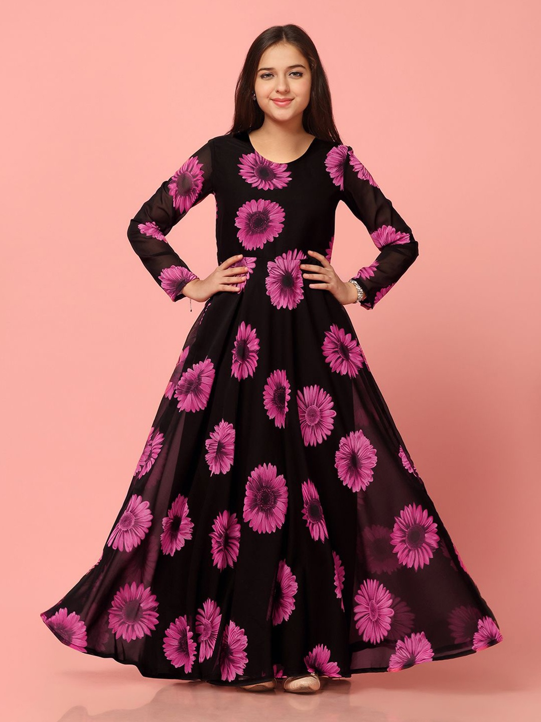 

FASHION DREAM Floral Print Fit & Flare Ethnic Maxi Dress, Black