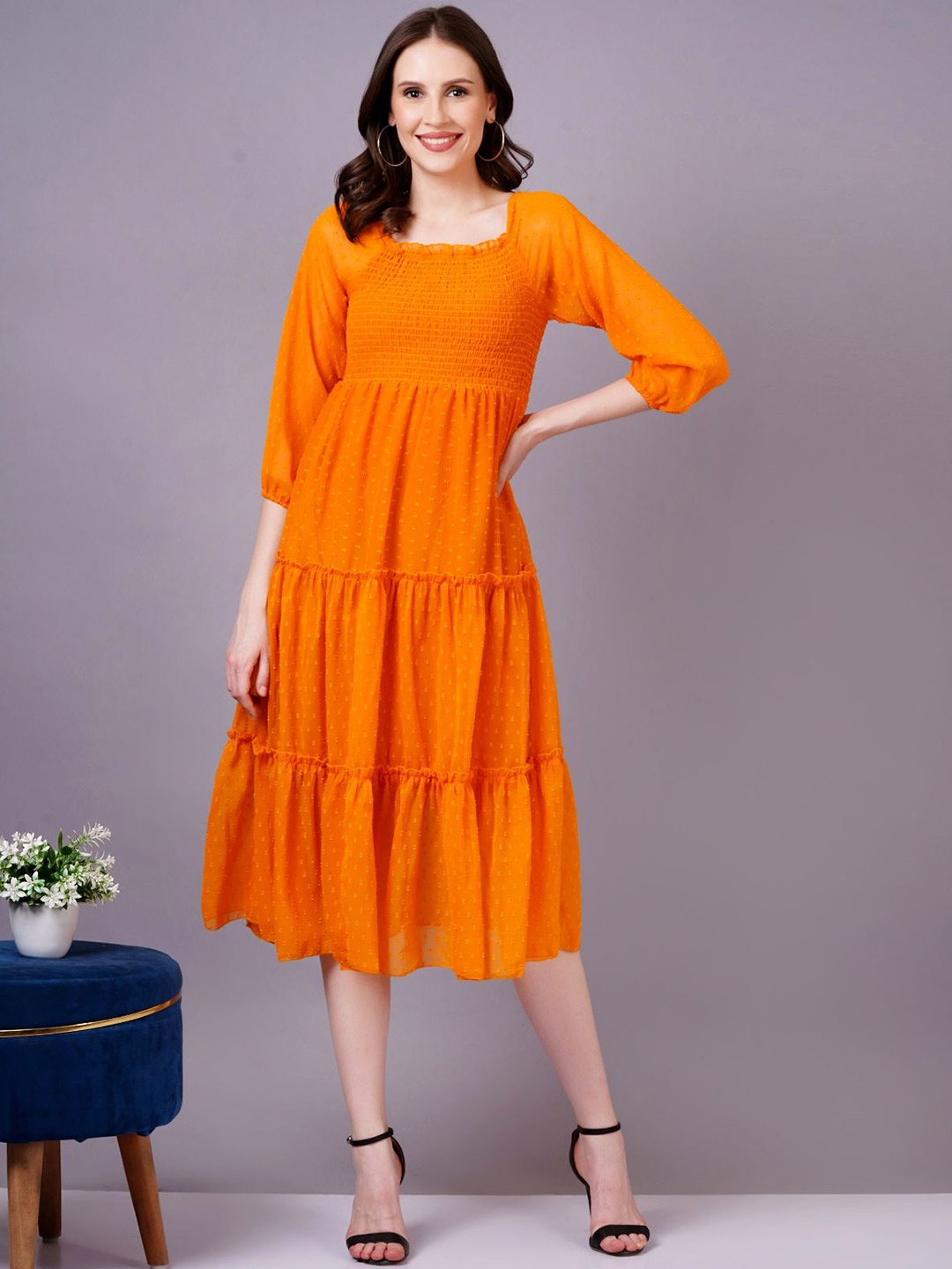 

JC4U Women Puff Sleeve Empire Midi Dress, Orange